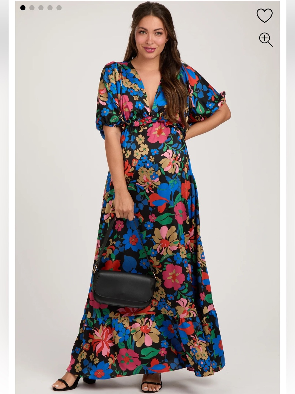 RHEA & THEA Maternity Floral Maxi Dress Satin Deep V Puff Sleeve Size Small